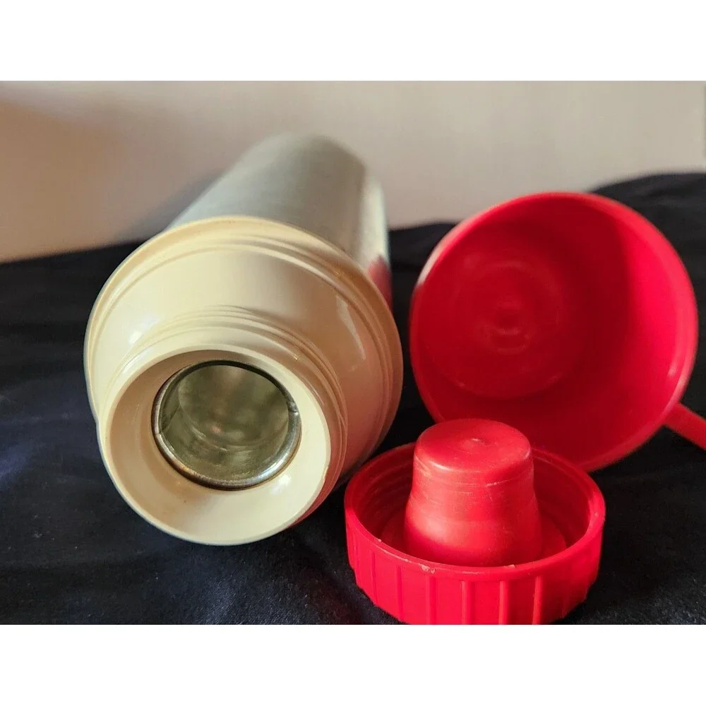 Vintage Thermos Ribbed Aluminum Red Top Vacuum Bottle Model # 2484 - Quart Size